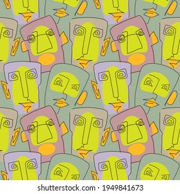 Vector seamless pattern with abstract faces. Line drawn portrait of people. Modern abstract faces with abstract shapes. Minimalism concept. Line art drawing style.