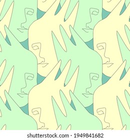 Vector seamless pattern with abstract faces. Line drawn portrait of people. Modern abstract faces with abstract shapes. Minimalism concept. Line art drawing style.