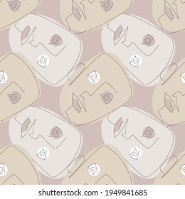 Vector seamless pattern with abstract faces. Line drawn portrait of people. Modern abstract faces with abstract shapes. Minimalism concept. Line art drawing style.