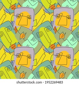 Vector seamless pattern with abstract faces. Line drawn portrait of people. Modern abstract faces with abstract shapes. Minimalism concept. Line art drawing style.