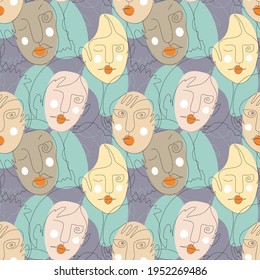 Vector seamless pattern with abstract faces. Line drawn portrait of people. Modern abstract faces with abstract shapes. Minimalism concept. Line art drawing style.