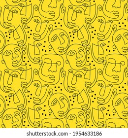 Vector seamless pattern of abstract faces. Bright yellow background. Hand-drawn illustration.