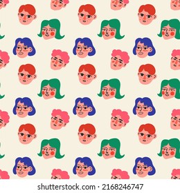 Vector seamless pattern with abstract faces of men and women. Modern abstract colorful faces. Flat design, cartoon hand drawn, vector.