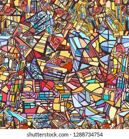 Vector seamless pattern with abstract fantasy Gothic city. Background with decorative Gothic roofs, windows and towers. Stained glass texture. Hand drawn.