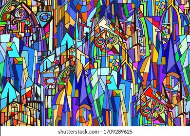 Vector seamless pattern with abstract fantasy colorful night Gothic city. Stained glass texture. Hand drawn.