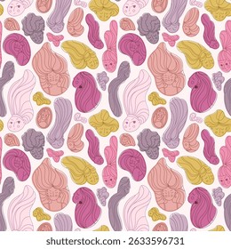 Vector seamless pattern of abstract female faces in blobs on light pink background. Girly pastel tones, ideal for fashion or wrapping paper