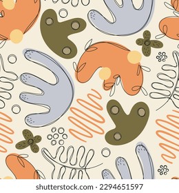 Vector seamless pattern with abstract figures and different shapes. Flat retro doodle elements.