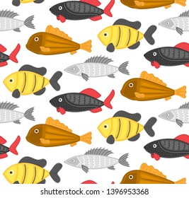 Vector seamless pattern with abstract fish. Undersea world. Aquarium. Wrapping paper, package, wallpaper, clothing and other textile in a pet store or fishing gear shop, seafood menu cover, banner