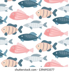 Vector seamless pattern with abstract fish. Undersea world. Aquarium. Wrapping paper, package, wallpaper, clothing and other textile in a pet store or fishing gear shop, seafood menu cover, banner
