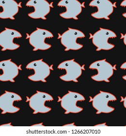 Vector seamless pattern with abstract fishes on an isolated black background. Vector illustration for greeting card or poster.