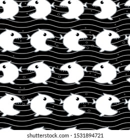 Vector seamless pattern with abstract fishes on an black background. Vector illustration for greeting card or poster.