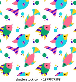 Vector seamless pattern with abstract flat fishes and dots in bright pink,gree,yellow colors on white background.Summer design for paper,fabrics,textile,kids clothes.Digital endless modern backdrop