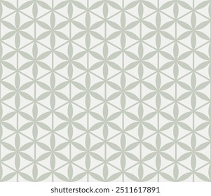 Padrão sem emenda do vetor. Ornamento geométrico floral abstrato. Sage fundo verde e branco com silhuetas de flor, linhas, grade hexagonal, reticulado, malha. Design geográfico repetido simples para decoração, têxtil