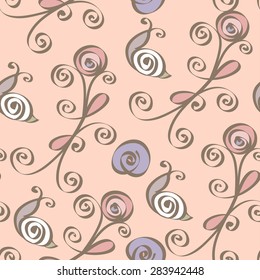 Vector seamless pattern with abstract floral elements, swirls, snails. Gentle, beautiful, animated hands.