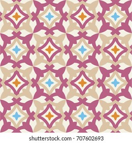 Vector seamless pattern with abstract floral oriental tiles in pink, blue, orange, beige
 and white colors
