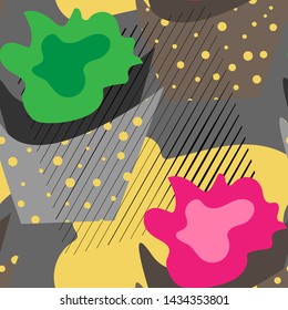 Vector seamless pattern with abstract florals and spots.