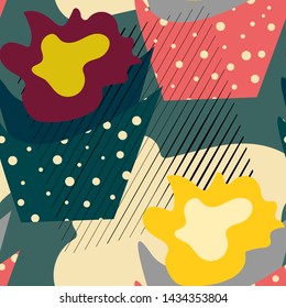 Vector seamless pattern with abstract florals and spots.