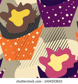 Vector seamless pattern with abstract florals and spots.