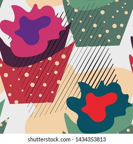 Vector seamless pattern with abstract florals and spots.