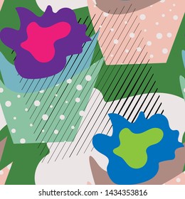 Vector seamless pattern with abstract florals and spots.