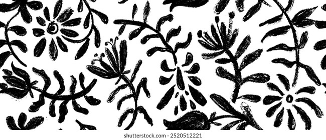 Vector seamless pattern with  abstract flower silhouettes hand drawn charcoal. Elegant flower shapes in geometric forms. Modern trendy botanical style. Organic doodle or modern groovy flowers.