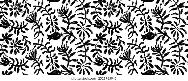 Vector seamless pattern with  abstract flower silhouettes hand drawn charcoal. Elegant flower shapes in geometric forms. Modern trendy botanical style. Organic doodle or modern groovy flowers.