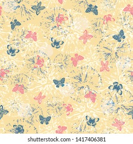 Vector seamless pattern with abstract  flowers and small butterflies on light background. Pattern can be used for wallpaper, pattern fills, background, surface textures