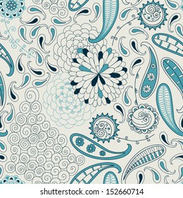 Vector seamless pattern with abstract flowers and paisley design on a gray background. Seamless patterns are used in textile design, postcards, calendars, websites, wallpapers,  packages.