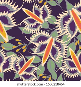 Vector seamless pattern with abstract flowers, leaves, berries. Simple floral texture. Elegant vintage background. Purple, orange, yellow, green color. Repeat design for decor, textile, wallpapers