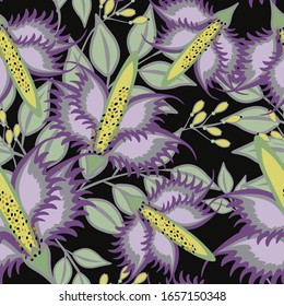 Vector seamless pattern with abstract flowers, leaves, berries. Simple floral texture. Elegant vintage background. Black, purple, gray, yellow, green color. Repeat design for decor, textile, wallpaper