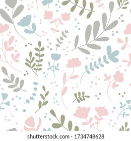 Vector seamless pattern with abstract flowers and plants. Cute doodle flowers, leaves and branches in pastel green, blue, pink colors. Delicate background design for wallpaper, textile, print design.