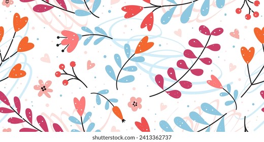 Vector seamless pattern with abstract flowers, branches  and hearts. Cute Valentine's background. Wedding concept. Childish print. Texture perfect for fabric, wrapping, textile, wallpaper.