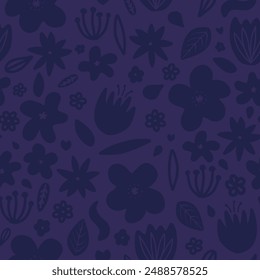 Vector seamless pattern with abstract  flowers and leaves in purple color. For wallpapers, decoration, invitation baby shower, fabric, textile, linen print clothes and pajamas, gift and wrapping paper