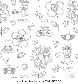 Vector seamless pattern with abstract flowers and insects in black and white colors
