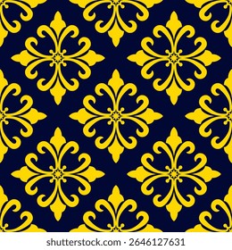 Vector seamless pattern with abstract flowers.  Golden blue background.  Nice floral backdrop. Vector illusstration EPS10.