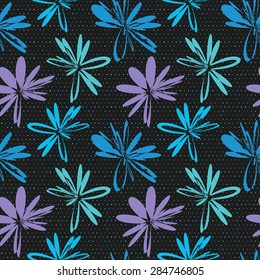 Vector seamless pattern with abstract flowers on a black background with colorful dots. Eps 10.