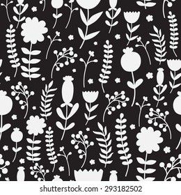 Vector seamless pattern with abstract flowers in black and white colors