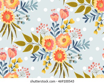 Vector seamless pattern with the abstract flowers on a background of polka dots in vintage style
