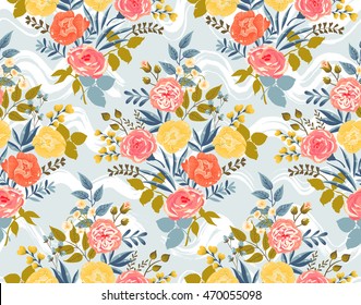 Vector seamless pattern with the abstract flowers and the roses in vintage style on the background of ink wavy lines
