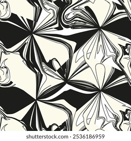 Padrão sem emenda do vetor. Textura de arte fluida abstrata. Listras monocromáticas líquidas. Fundo criativo com borrões de forma livre. Design decorativo com efeito de distorção