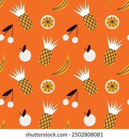 Vector seamless pattern with abstract fruits on orange background. Modern design for fabric and paper, surface textures. 