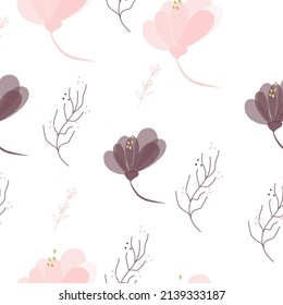 Vector seamless pattern with abstract  gentle pink and burgundy flowers, twigs, branches line drawing, modern background.