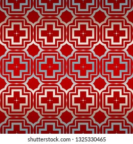 Vector Seamless Pattern With Abstract Geometric Style. Repeating Sample Figure And Line. Paper For Scrapbook. Red silver color.