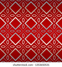 Vector Seamless Pattern With Abstract Geometric Style. Repeating Sample Figure And Line. Paper For Scrapbook. Red silver color.