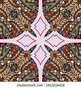 Vector seamless pattern, abstract geometric background illustration, fabric textile folklore pattern and tribal motifs. Ethnic tile printing.