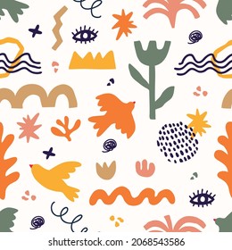 Patrón vectorial sin fisuras con formas geométricas abstractas en estilo Matisse estético. Elementos de doodle contemporáneos dibujados a mano creativos: flores, plantas, pájaros, zigzag, líneas, para moda, impresos, carteles