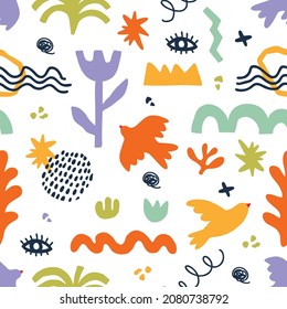 Patrón vectorial sin fisuras con formas geométricas abstractas en estilo Matisse estético. Elementos de doodle contemporáneos dibujados a mano creativos: flores, plantas, pájaros, zigzag, líneas, para moda, impresos, carteles