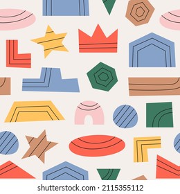 Vector seamless pattern of abstract geometric shapes, figures and lines. Trendy colorful flat design.