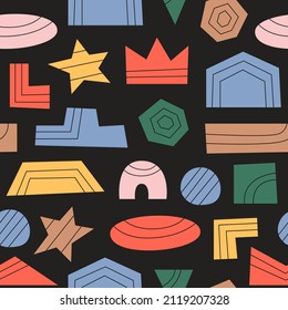 Vector seamless pattern of abstract geometric shapes, figures and lines on a black background. Trendy colorful flat design.	