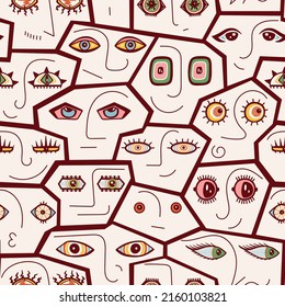 Vector Seamless Pattern With Abstract Geometric Various Strange Evil, Funny, Comic And Bizarre Faces. Woman, Man, Skull, Alien Face. Group Of People. Colorful Modern Art.